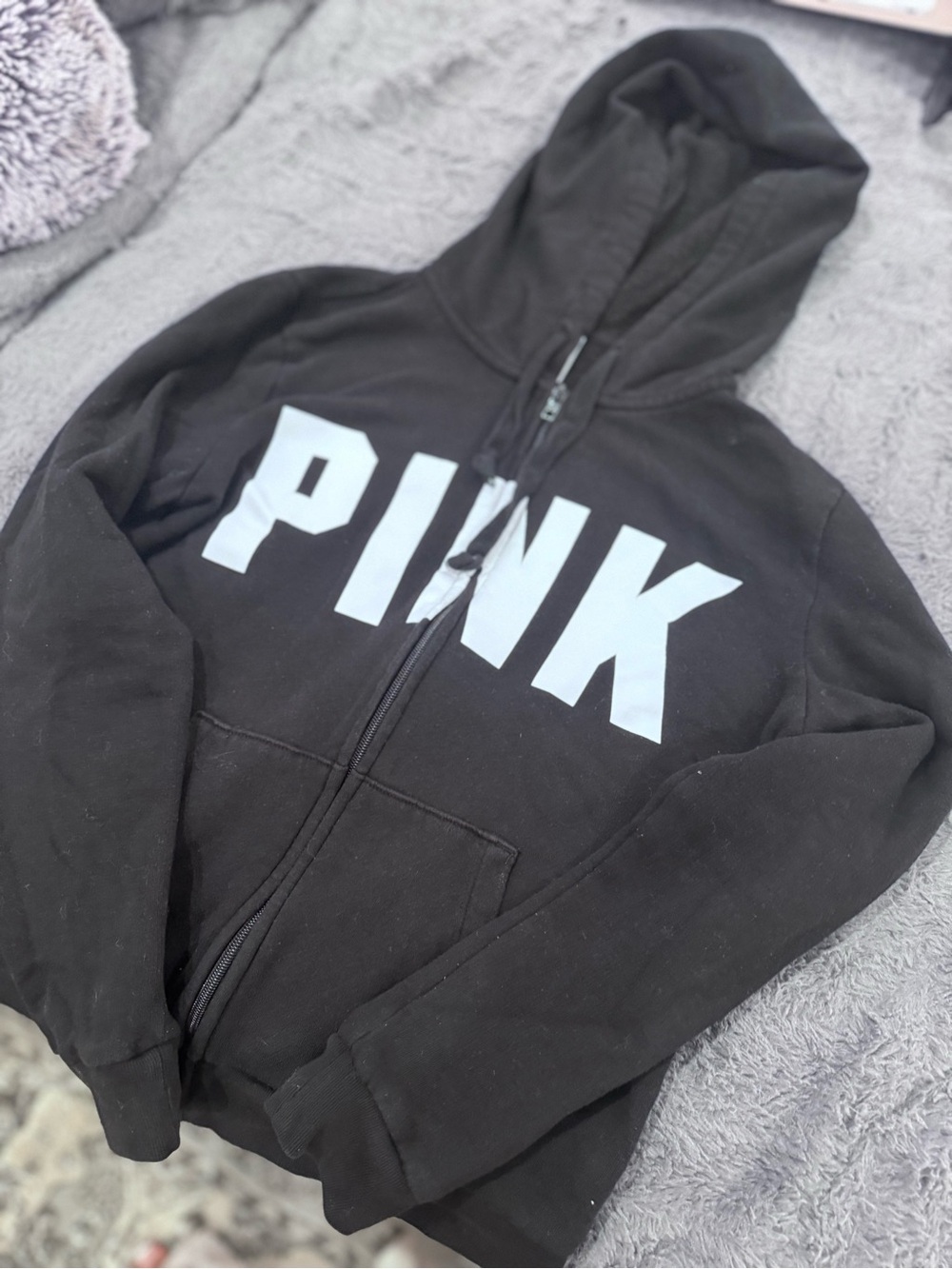PINK Victoria's Secret Black Zip-Up Hoodie with White Logo
